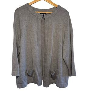 Lands Ends Plus Size Gray Open Front Hook & Eye Cotton Blend Sweater 1X